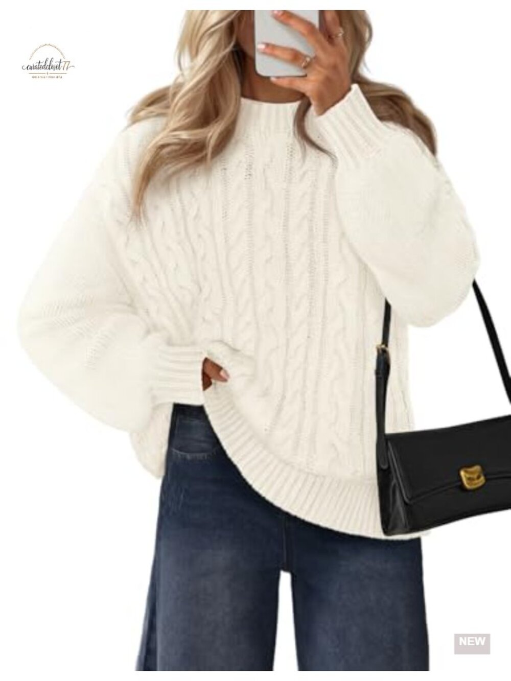 Cable Knit Sweater Womens Long Lantern Sleeve Crewneck Chunky Pullover